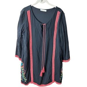 Entro Black Tunic Top Large‎ Embroidered Bohemian Festival Hippie Casual